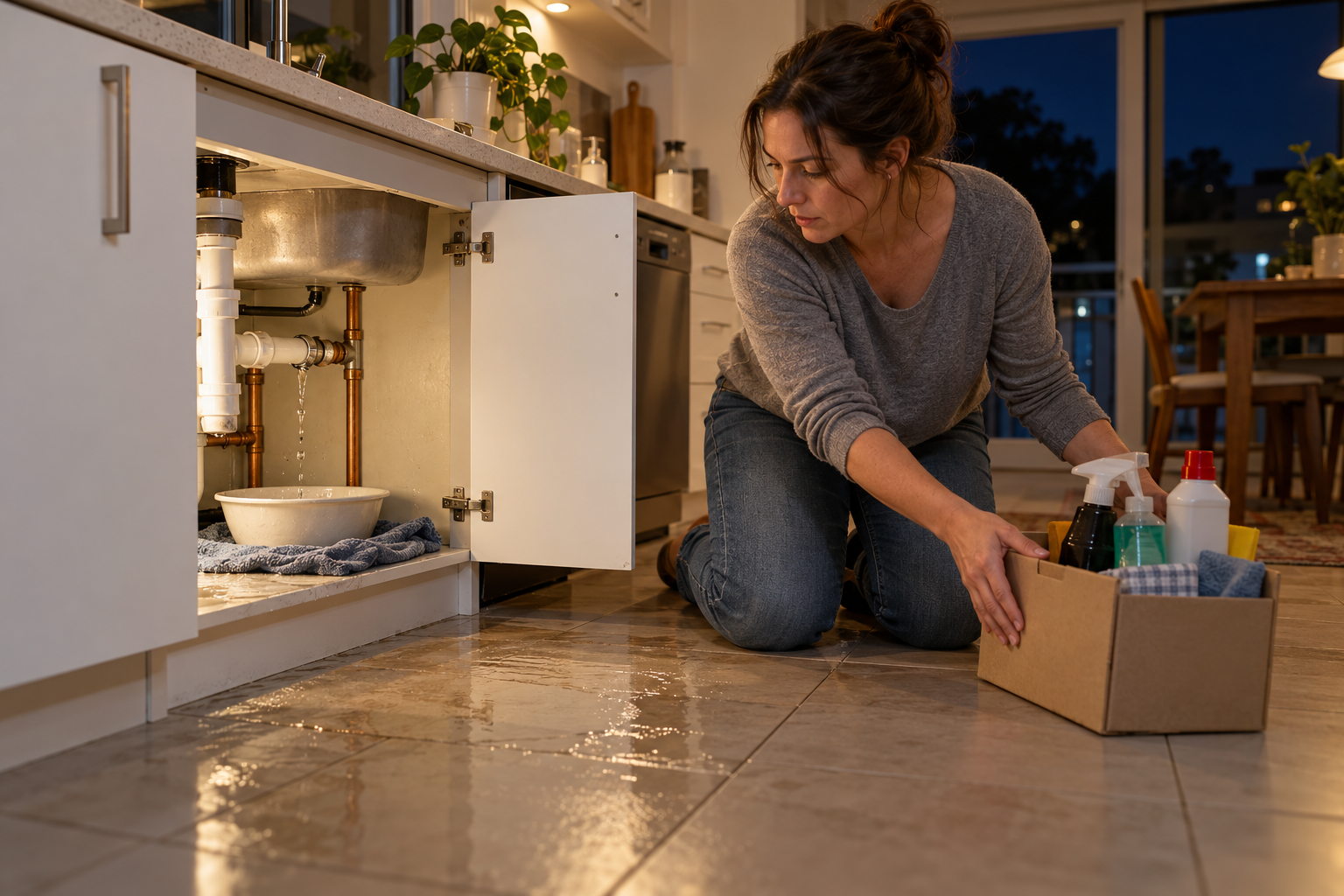 Illustration of a homeowner keeping belongings away from a pipe leak beneath a kitchen sink